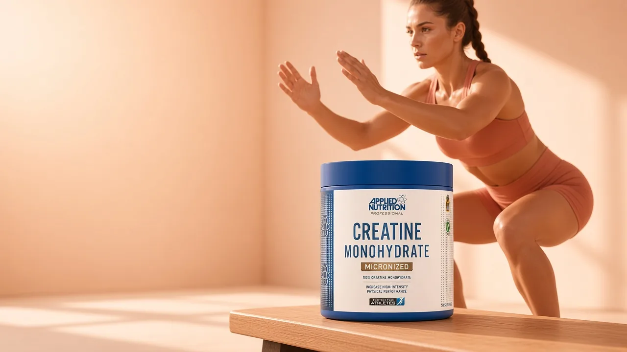 A woman mid-squat in warm gym light, with an Applied Nutrition unflavoured creatine tub in front of her